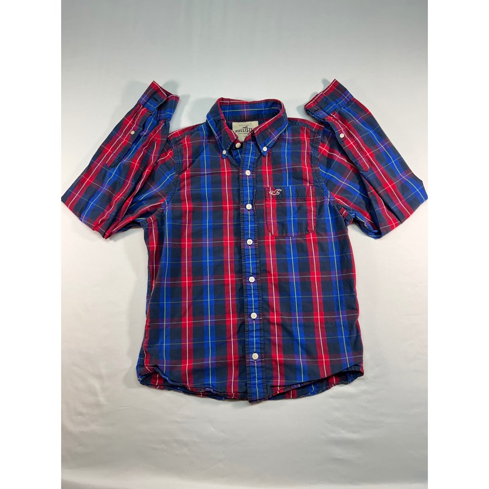 Hollister Mens Plaid Button Down Shirt Red Blue Long Sleeve Cotton Size M